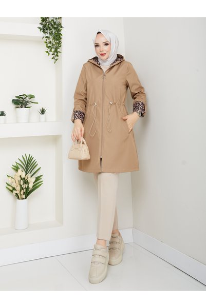 MEHDENEFE Leopard Print Inside Detail K Hooded Elastic Waist Trench Coat Mde905010