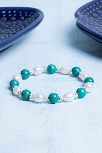 Deniz Doğal Taş Certified Turquoise - Pearl (8m) Natural Stone Bracelet