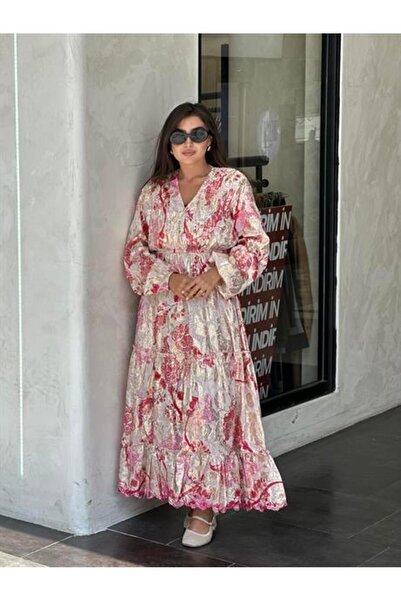 Ranasubaşı Ibn-4002 Gilded V-Neck Imported Dress Pink