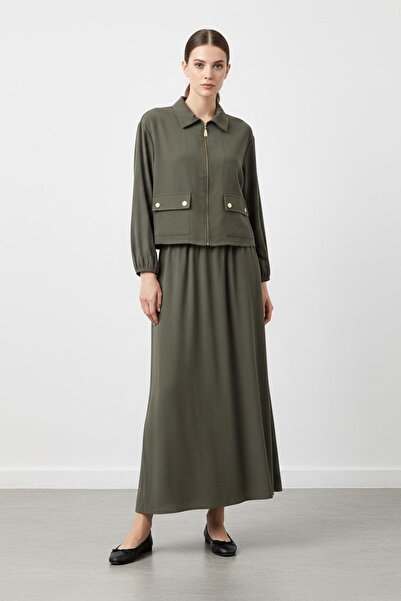 Puane Zippered Jacket and Elastic Waist Skirt Set – 14436 - Khaki