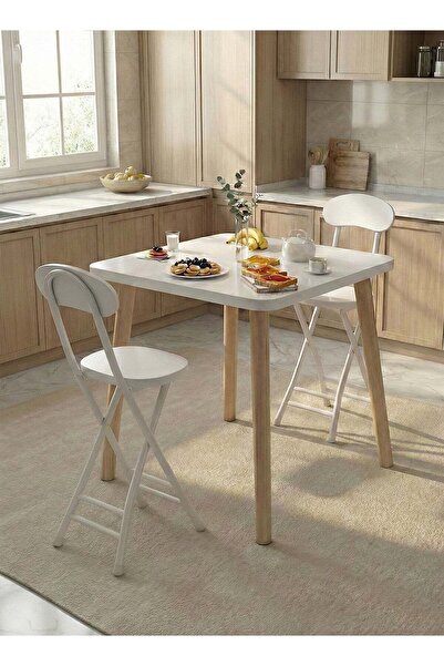 Taimi 3-Piece Dining Set: Square Wood Table 80x80x72cm with 2 Folding Metal C...