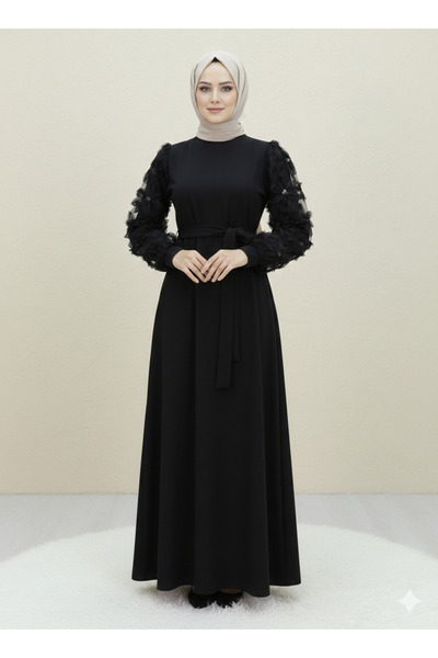 Kirazgym Women's Embossed Floral Tulle Long Hijab Dress