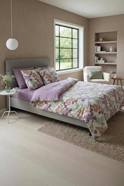 DEMOTEKS Double bed linen set, satin cotton, 2 people, purple leaf print, 4 p...