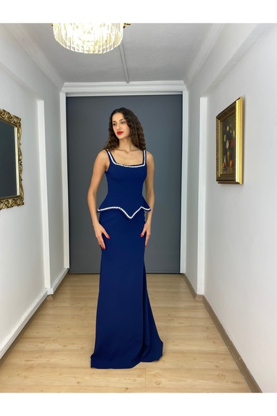 gökkuşagı moda Lacivert Kare Yaka Bel Yaka Taş Detaylı Balık Uzun Abiye Elbise