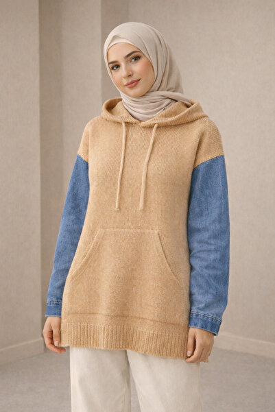 Kirazgym Hooded Sweater with Denim Detail and Kangaroo Pocket - Mink