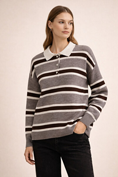 Kirazgym Polo Collar Striped Knitwear Sweater-Toprak