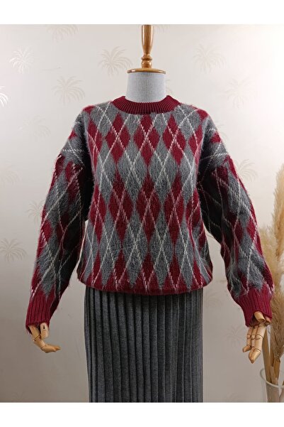 ZARİNCE LİFE Women's Soft Textured Fleece-Lined Diamond Pattern Sweater