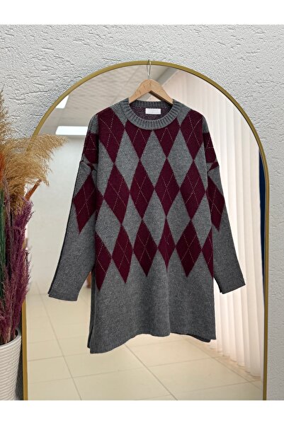 BENAHOLL Hümeyra Elmas Geçişli Diamond Patterned Sweater-Zi̇5596 Claret Red