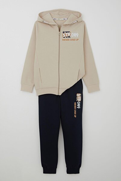 Breeze Boy's Tracksuit Set Hooded Summer Printed Pockets 8-14 Years Old, Beige