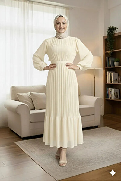 Marka Pleated Chiffon Dress Cream