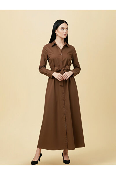 HOUSE OF RAELI By Styli فستان ماكسي نسائي بني اللون بياقة من القطن