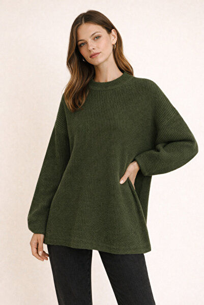 Kirazgym سترة تريكو كاجوال بياقة دائرية - كاكي