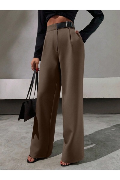 DUUE FASHİON Tesettür Kadın Yarım Kemerli Bol Paça Palazzo Kumaş Pantolon