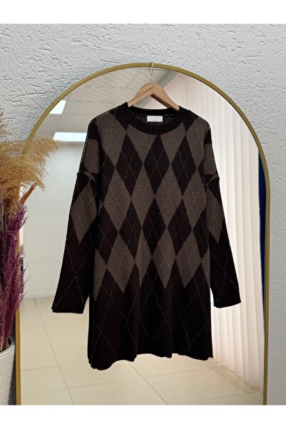 BENAHOLL Hümeyra Elmas Geçişli Baklava Patterned Sweater-Zi̇5596 Brown