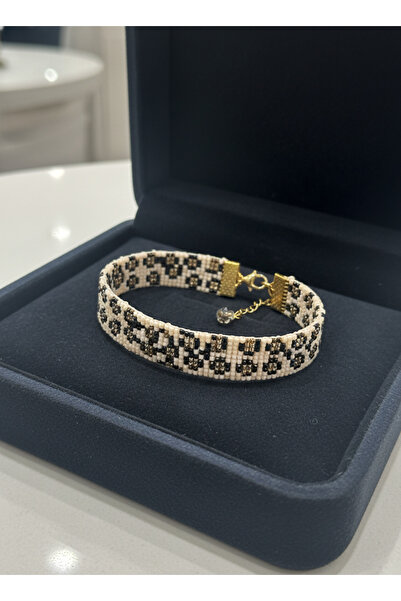 privatebox Leopar Desenli Örgü Boncuklu Bilezik | Boho Bej ve Siyah Takı