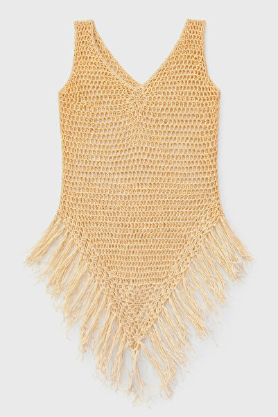 NO BRAND Rochie Croșetată Bej, Stil Boho, V-neck, Transparentă, Ușoară și Ele...