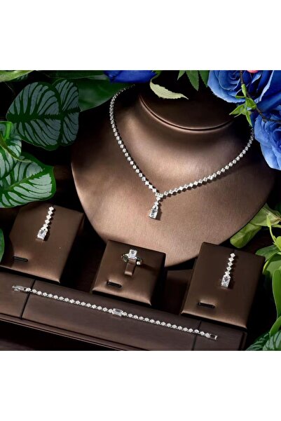 VİYA Cyra Zirkon Taşlı Takı Seti Kolye Küpe Bileklik Yüzük Set Düğün Nişan Seti