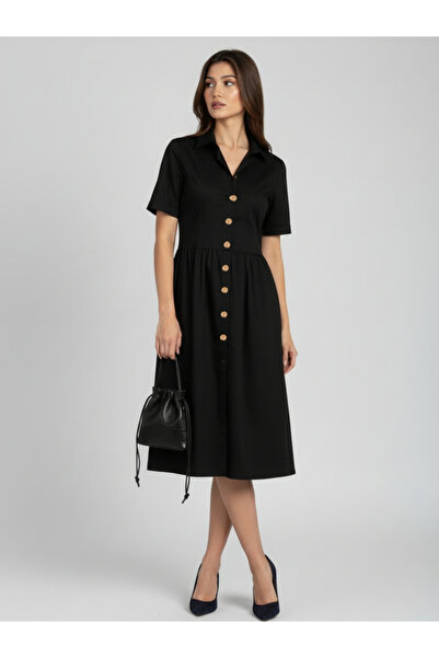 HOUSE OF RAELI By Styli Women Black Cotton Poplin Midi Dress