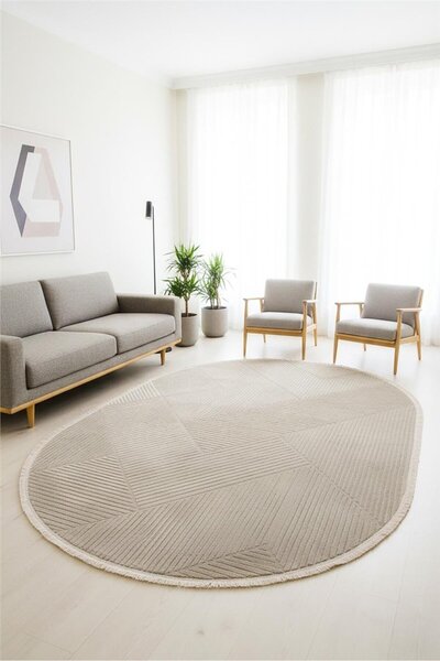 Çağ Halı Gri Cashmira Geometrik Kabartma Desenli Modern Oval Halı