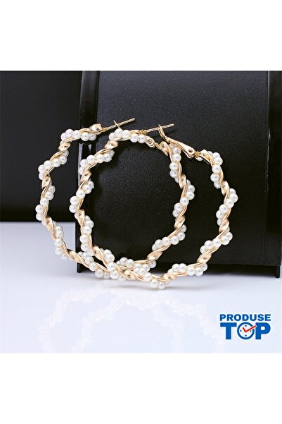 Produse.Top Cercei rotunzi eleganți, mari, aurii, cu perle CW23