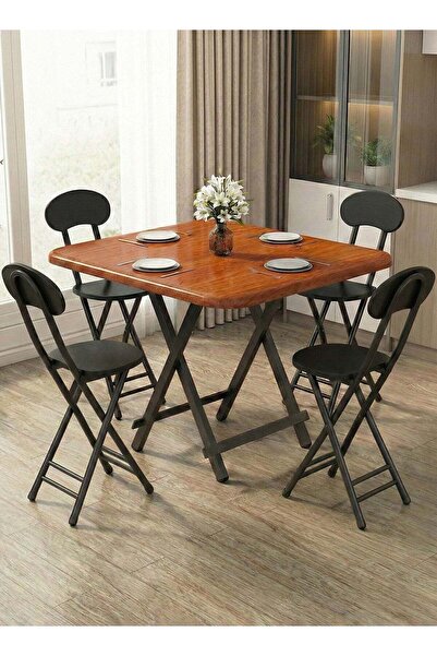 Taimi 5-Piece Folding Dining Set: Square Brown Table 80x80x74cm with 4 Black ...