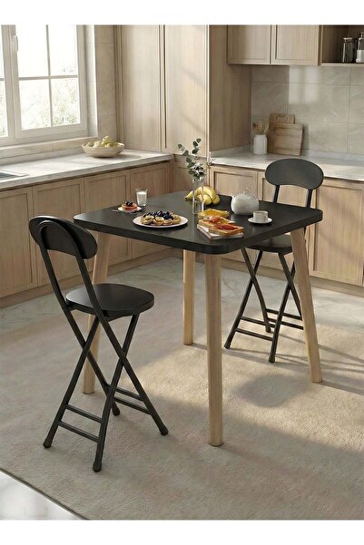 Taimi 3-Piece Dining Set: Square Wood Table 80x80x72cm with 2 Folding Metal C...