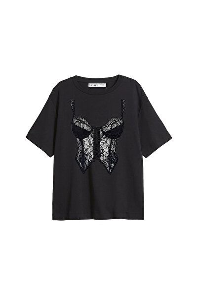 CİNEMA MODA High Printed Relaxed Fit Black Women's Tshirt