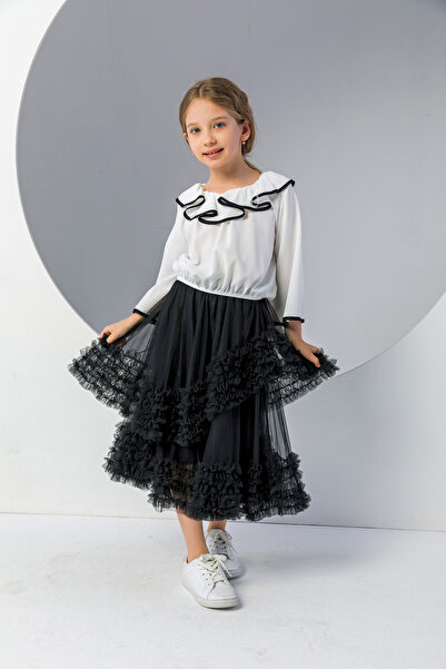 incity Bluză elegantă neagră plisată cu guler pentru fete