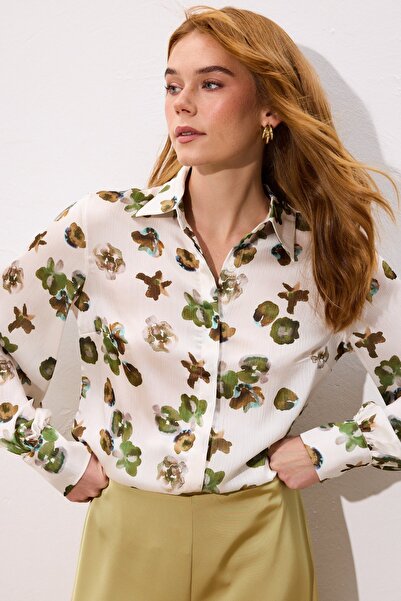 Sateen Patterned Loose Shirt - Khaki