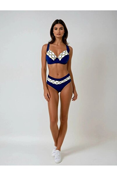 Yasmy Collection Kadın Lacivert Beyaz Etnik Desenli Büyük Beden Bikini Takım ...
