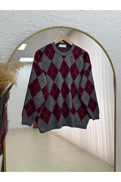 BENAHOLL Silk Crew Neck Diamond Pattern Sweater-Zi̇5269 Claret Red
