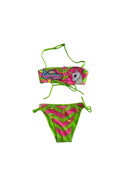 Yasmy Collection Girl's Neon Green Unicorn Patterned Strapless Bikini Suit fo...