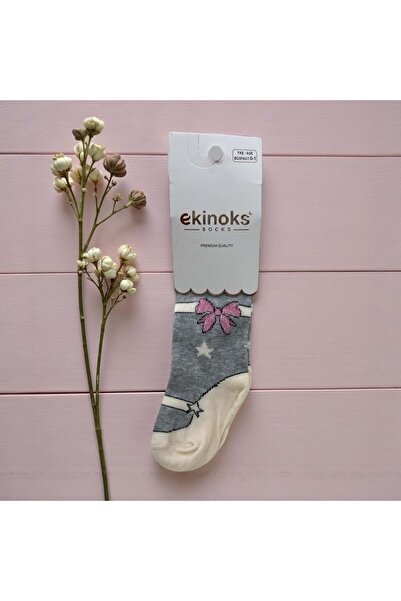 Ekinoks Seamless Cotton Girls' Tights with Bow Pattern Gray