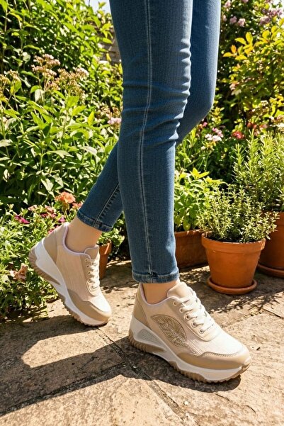 Nubbock Kadın Krem Cilt Yaprak 7 Cm Gizli Topuk Ortopedik Spor Ayakkabı NK4110