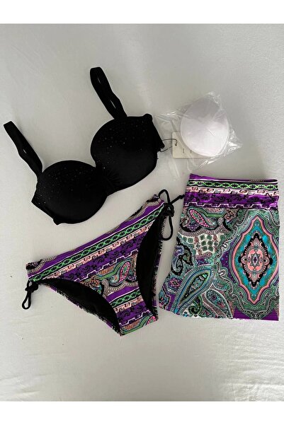 Yasmy Collection Kadın Siyah Taş İşlemeli Desenli 3 Parça Etekli Bikini Takım...