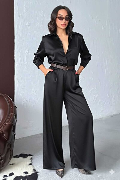 TOPSHOW High Waist Wide Leg Satin Trousers Stylish and Comfortable Design Black