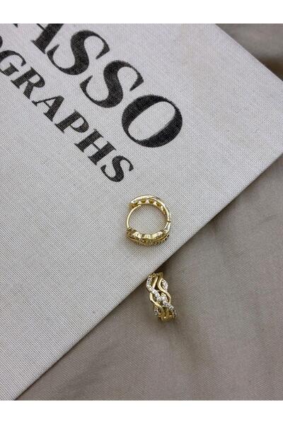 Hedef Bijuteri Gold Color Zircon Stone Curved Twist Detail Hoop Earrings Cm153