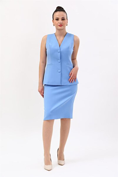 ÖNDER ÖZSOY V-Neck Buttoned Classic Women's Vest-Sky