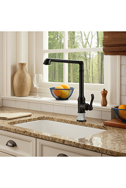 banyosepeti صنبور مطبخ سيراميك أسود غير لامع من ساراي – 360 °   أنبوب دوار، م...