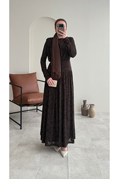 REMUBİ Kadın Flok Baskı Premium Kumaş Astarlı Elbise