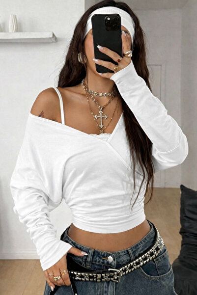 Tarz Cool Women's White Double-Breasted Collar Long Sleeve Crop Blouse