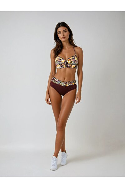 Yasmy Collection Kadın Kahve Çiçek Desenli Astarlı Lacivert Büyük Beden Bikin...