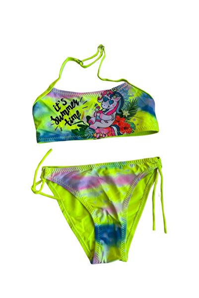 Yasmy Collection Girl's Neon Yellow Patterned Strapless Bikini Set for Ages 2...