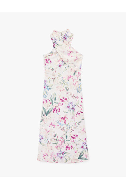Koton Midi Length Floral Halter Neck Satin Dress