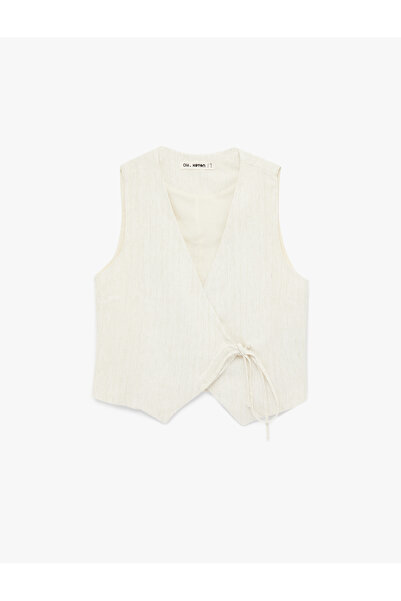 Koton Double-Breasted Collar Sequined Tie Detail Linen Blend Sleeveless Vest