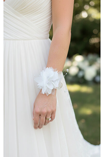 Soilhandmade Beyaz Kumaş Çiçekli Gelin , Nedime , Lohusa Bilekliği
