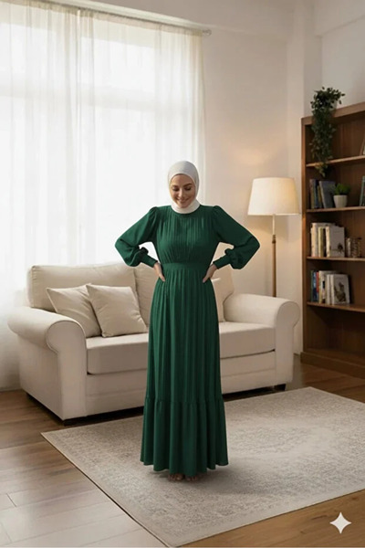 CYM Butik Pleated Chiffon Hijab Dress Emerald