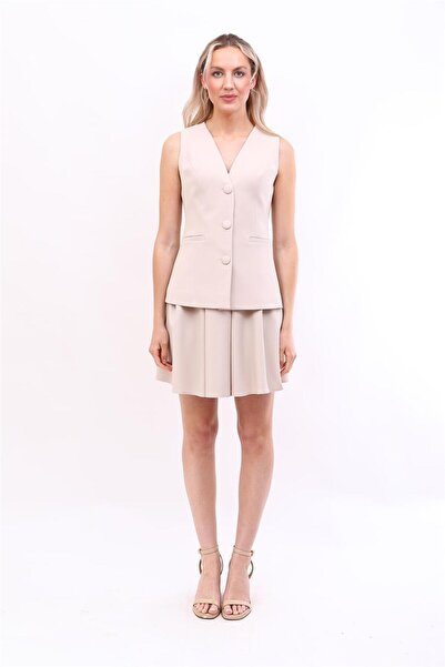 ÖNDER ÖZSOY V-Neck Buttoned Classic Women's Vest-Beige