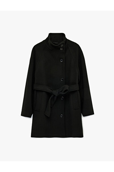 Koton Mock Neck Buttoned Belt Detailed Long Jacket with Pockets