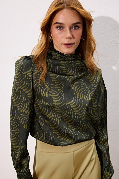 Sateen Drape Detailed Patterned Blouse - Green